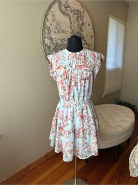 Floral Tiered Summer Dress - Blue with Coral Pink Print